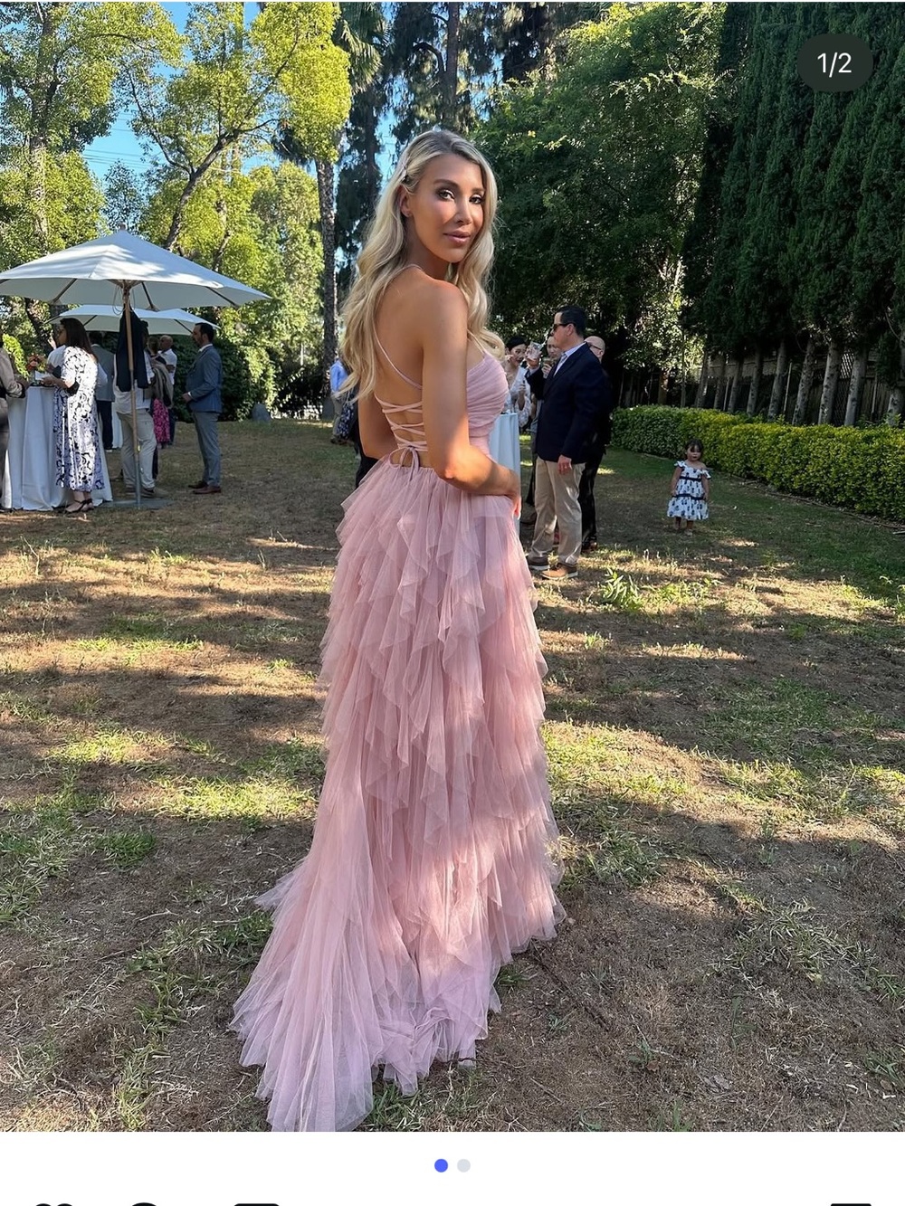 Women's Pink Tiered Tulle Gown with Lace-Up Back